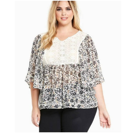 torrid Tops - Torrid Women's Floral Print Chiffon Lace Yoke Blouse Black White Top Size 1XL